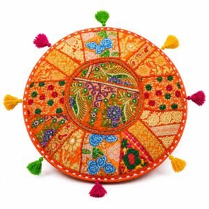 Funda Almohadón Redonda 55cm Patchwork Bordado Artesanal Con Borlas