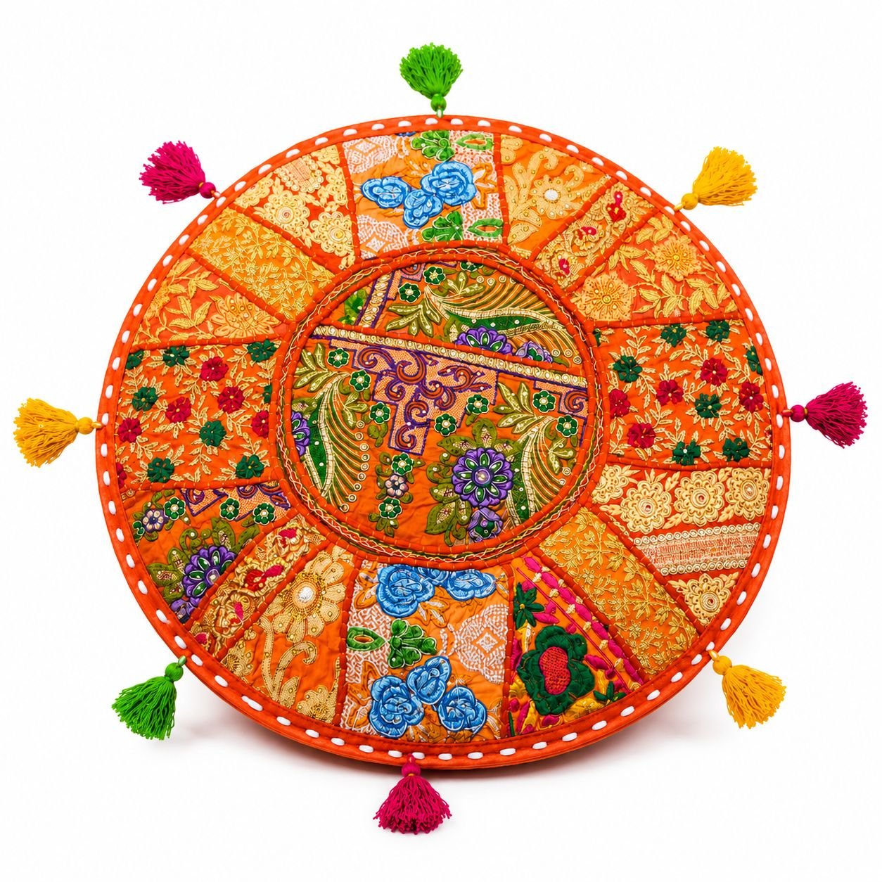 Funda Almohadón Redonda 55cm Patchwork Bordado Artesanal Con Borlas