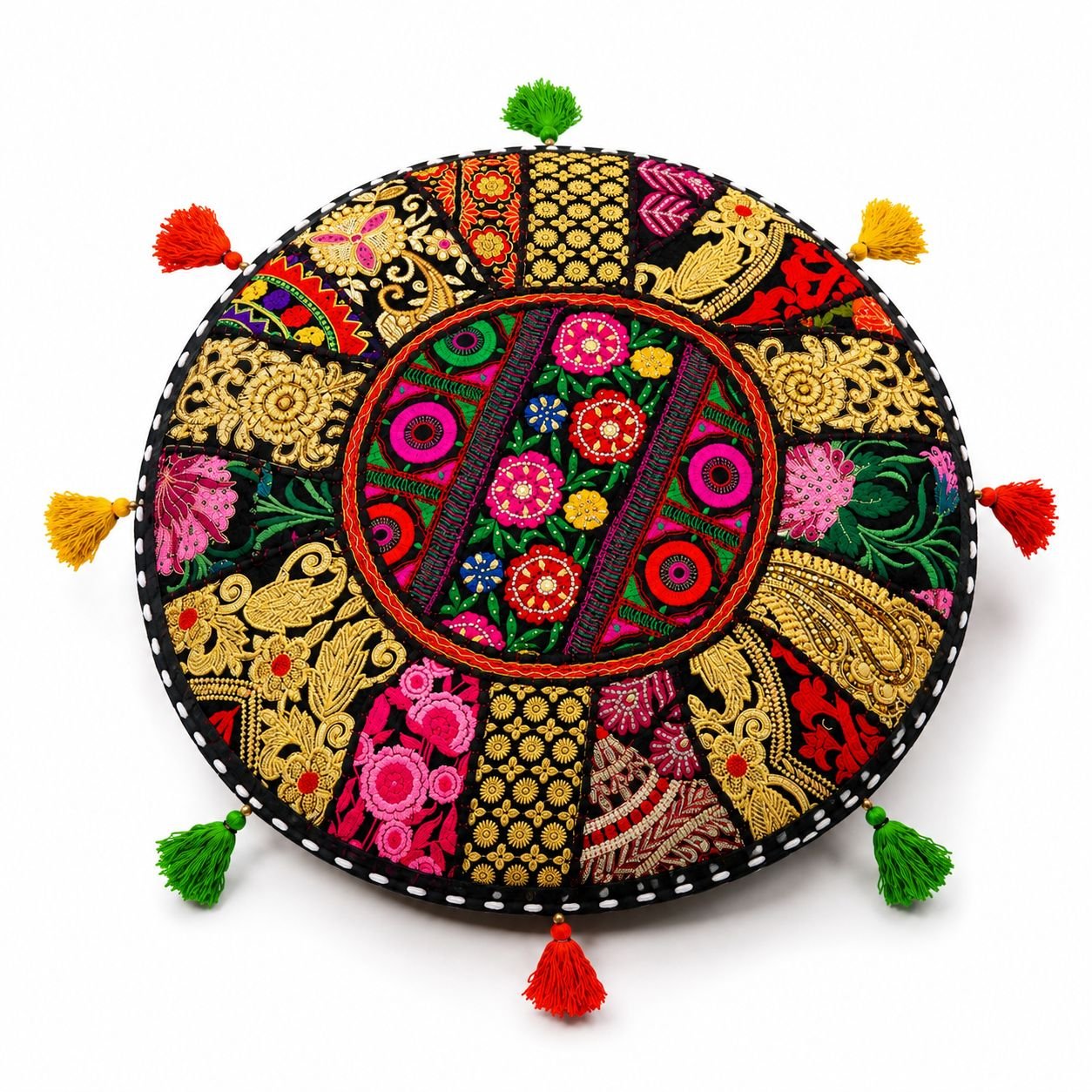 Funda Almohadón Redonda 55cm Patchwork Bordado Artesanal Con Borlas - Imagen 2