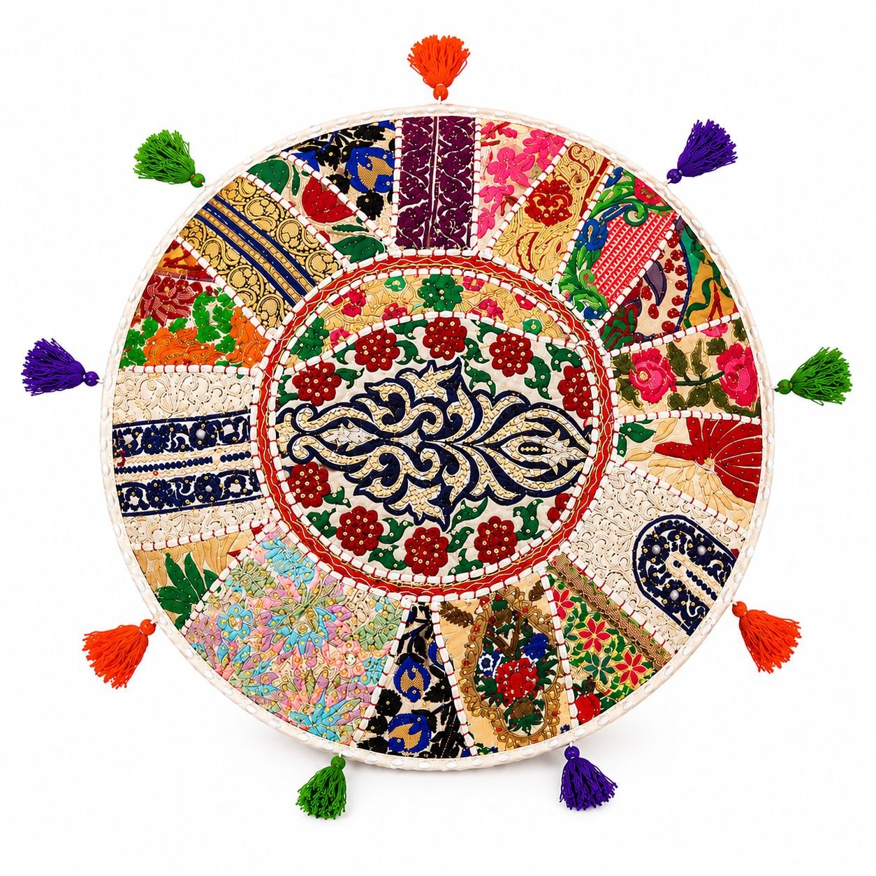 Funda Almohadón Redonda 55cm Patchwork Bordado Artesanal Con Borlas - Imagen 3